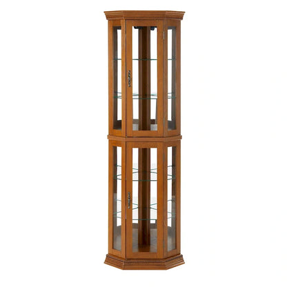 Corner Curio Cabinet With Lights, Adjustable Tempered Glass Shelves, Mirrored Back, Display Cabinet