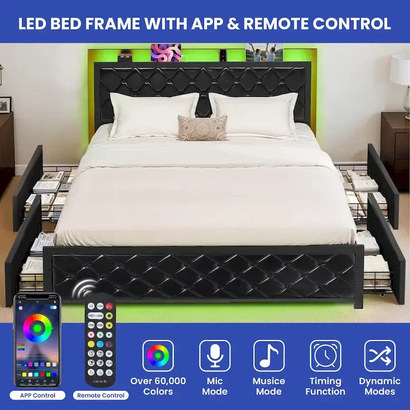 Moasis Queen Size PU Bed Frame LED Upholstered Platform Bed Frame