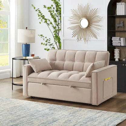 4 in1 Loveseat Sofa Bed With Armrests And Storage Pockets, Multi-Function Tufted Pull-Out Sofa Bed With Adjustable Backrest