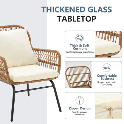 3-Piece Patio Conversation Bistro Set, Outdoor Rattan Furniture Set With Glass Table And 2 Wide Armchairs, Seat Cushions