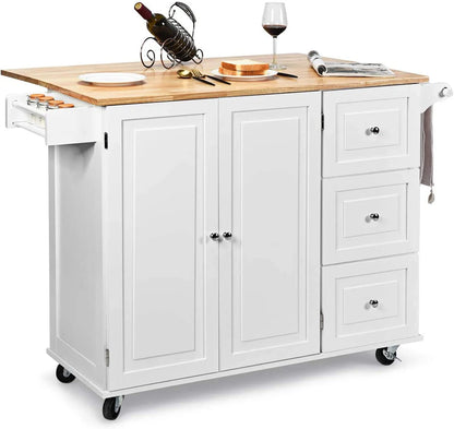 Giantex Kitchen Island Cart, Large Trolley Cart w/Drop-Leaf Tabletop, Large Cabinet, 3 Drawers, Spice Rack, Towel Rack