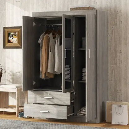 3-Door Mirror Wardrobe With Shelves And 2 Drawers
