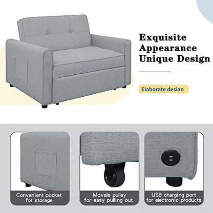 G 488243 Convertible Sleeper Sofa Bed MultiFunctional Adjustable Single Bed Chair With USB Port And 2 Pillows For Small Space Grey