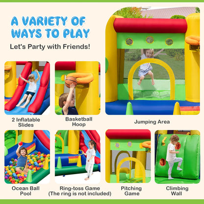 Costway Colorful Rainbow Kids Inflatable Bounce Castle With 50 Ocean Balls And 735W Blower