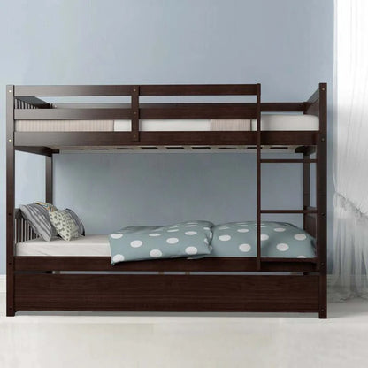 Solid Wood Full Over Full Bunk Bed Frame With Trundle, Safety Ladder And Guardrails, Convertible Bunk Bed For Kids Teens