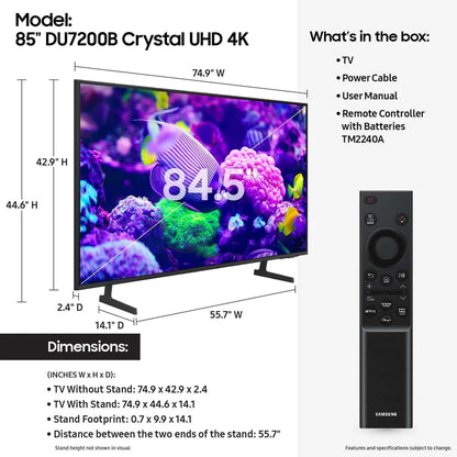 Samsung 85 Crystal UHD 4K Smart TV With PurColor And HDR C DU7200B 2024 Model