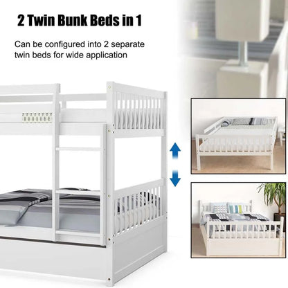 Solid Wood Full Over Full Bunk Bed Frame With Trundle, Safety Ladder And Guardrails, Convertible Bunk Bed For Kids Teens