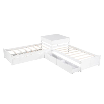 White Modern Twin Size L-Shaped Platform Bed With Trundle And Drawers For Bedroom