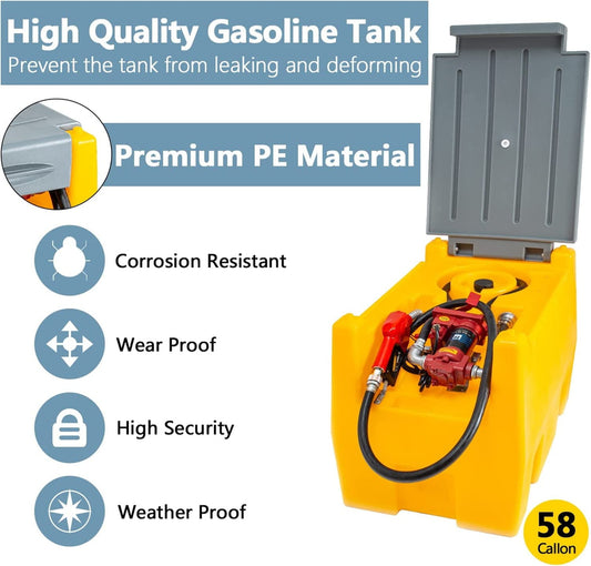 TECSPACE 58 Gallon Gasoline Tank, Portable Fuel Tank With 12V Electric Fuel Transfer Pump
