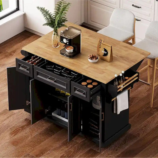 54 Large Kitchen Island With Rubber Wood Drop Leaf, Embossed Texture Rolling Kitchen Cart On 4 Wheels With 4 Doors And 3 Drawers