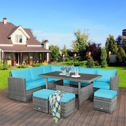 7 Pcs Rattan Patio Dining Furniture Sectional Sofa Set With Dining Table, Ottomans And Cushions