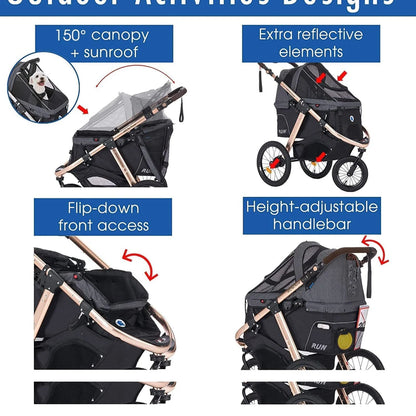 Jogging Sports Stroller With Comfort Rubber Wheels/Zipper-Less Entry/1-Hand Quick Fold/Aluminum Frame For Small/Medium Dogs, Cats And Pets, Green Camo