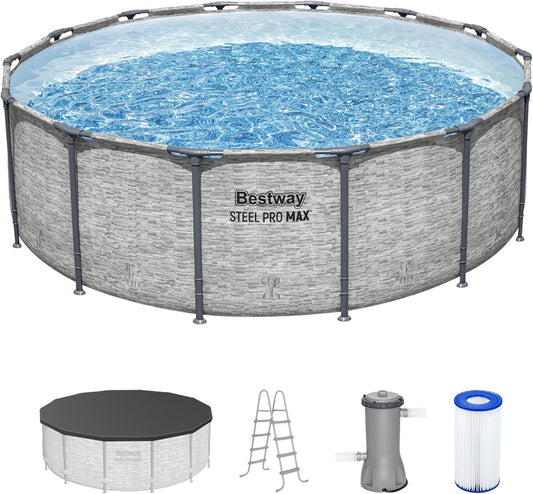 Steel Pro MAX 14 Ft. x 48 In. Round Metal Frame Above Ground Outdoor Swimming Pool Set With 1,000 Filter Pump, Ladder, And Cover, Gray
