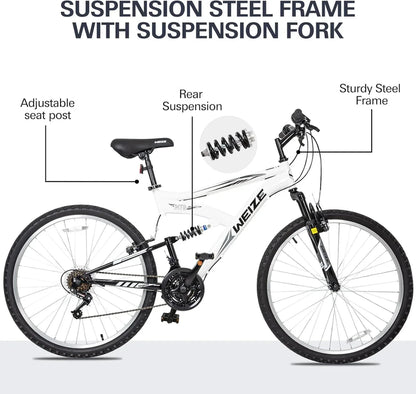 Weize Mountain Bike 26 27.5 In. Outdoor Hybrid Bikes 18-Speed High-Carbon Steel Full Suspension