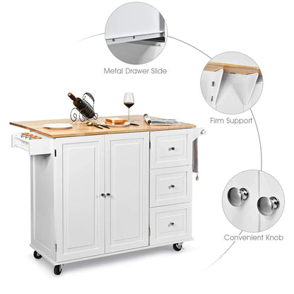 Giantex Kitchen Island Cart, Large Trolley Cart w/Drop-Leaf Tabletop, Large Cabinet, 3 Drawers, Spice Rack, Towel Rack