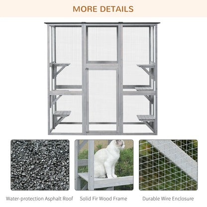 PawHut Wooden Catio Enclosure With Weather Protection, 6 Platforms, Outdoor, Large, 71 In. x 38.5 In. x 71 In