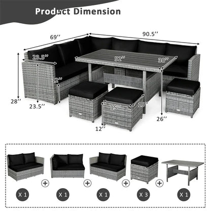 7 Pcs Rattan Patio Dining Furniture Sectional Sofa Set With Dining Table, Ottomans And Cushions