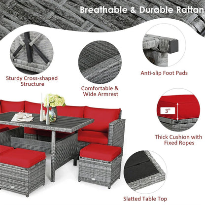 7 Pcs Rattan Patio Dining Furniture Sectional Sofa Set With Dining Table, Ottomans And Cushions