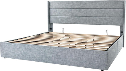 Allewie Queen Size Lift Up Storage Bed, Modern Wingback Headboard, Hydraulic Support, No Box Spring Needed, Light Beige