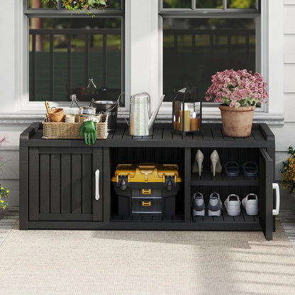 Kamaboko Outdoor Shoe Storage Cabinet, Waterproof UV-Resistant Entryway Storage Bench Indoor Outdoor With 2 Barn Doors