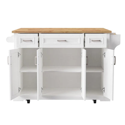 Large Kitchen Island With Wood Drop Leaf, Embossed Texture Rolling Kitchen Cart wDoors And Drawers wStorage For Kitchen, White