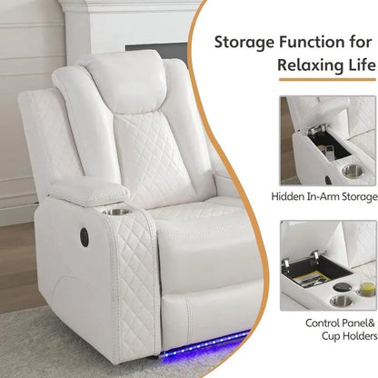 Power Reclining Sofa With Wireless Charger, Reading Light For Living Room, Faux Leather LED Light, AC/USB Port, Cup Holder, Black