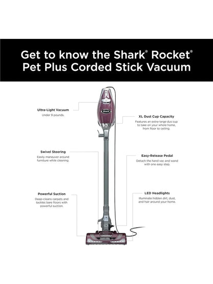 Shark HV322 Rocket Deluxe Pro Corded Stick Vacuum With LED Headlights, XL Dust Cup, Lightweight, For Pet Hair Pickup, Converts To A Hand Vacuum