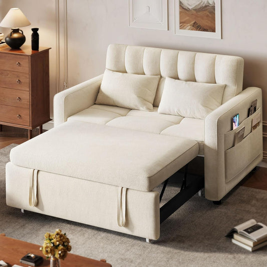 3-in-1 Convertible Sofa Bed, 55 In. Sleeper Sofa With Pull-Out Bed, Cat-Scratch-Proof Fabric Futon Couch With Adjustable Backrest And Side Pocket