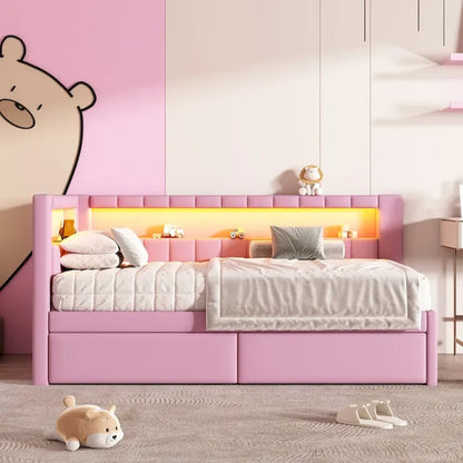 Upholstered Platform Bed With USB Ports And LED Lighting, Full/Twin Size Bed Frame With 2 Storage Drawers, Modern Bedroom