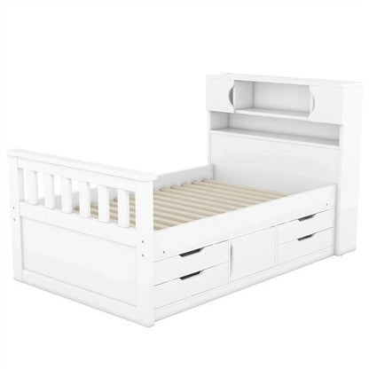 Twin/Full Size Captain Platform Bed With 4 Drawers And Storage Shelves, Solid Wood Bed Frame With Storage Bookcase Headboard