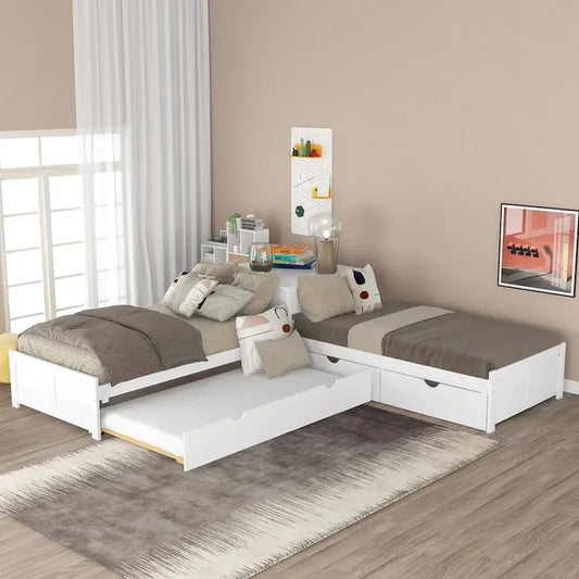 White Modern Twin Size L-Shaped Platform Bed With Trundle And Drawers For Bedroom