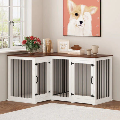 Large Corner Dog Crate Furniture For 2 Dogs, L Shape Dog Crate Cage, 58.7X41.1