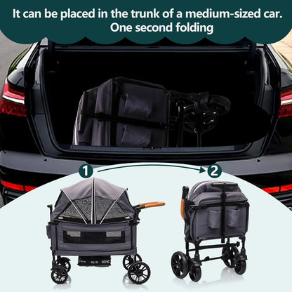 Wagon Stroller For 2 Kids And Cargo-Travel Stroller Push-Pull Double Wagon Lightweight Folding Stroller For Newborn And Toddler With 5-Point