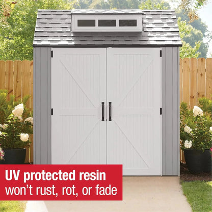 Rubbermaid Resin Garden Shed With Floor, 2.13 x 2.13 M, Weatherproof, Grey, For Storing Garden Tools, Lawnmowers, Bicycles And Pool Accessories