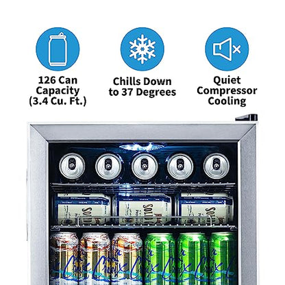 NewAir Beverage Refrigerator Cooler, 126 Cans Free Standing With Right Hinge Glass Door