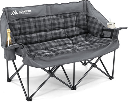 Double Camping Chairs Padded Loveseat Chair For 2 Person, Heavy Duty Oversized Camping Couch For Adults Outdoor Lawn Beach, Portable Folding
