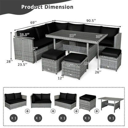 7 Pcs Rattan Patio Dining Furniture Sectional Sofa Set With Dining Table, Ottomans And Cushions