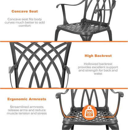 Nuu Garden Bistro Set 3 Piece Outdoor Cast Aluminum Patio Bistro Set Patio Table And Chairs Set Of 2 With Umbrella Hole And Gray Cushions, Black