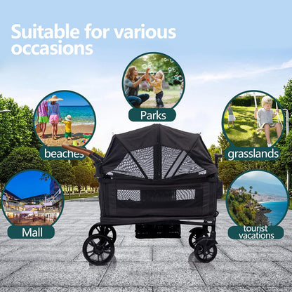Wagon Stroller For 2 Kids And Cargo-Travel Stroller Push-Pull Double Wagon Lightweight Folding Stroller For Newborn And Toddler With 5-Point