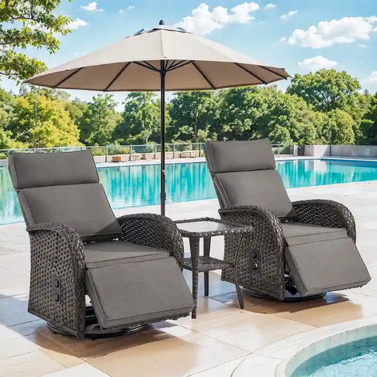 Pocassy 3PCS Versatile Outdoor Recliner Chair With Side Table Grey Cushion
