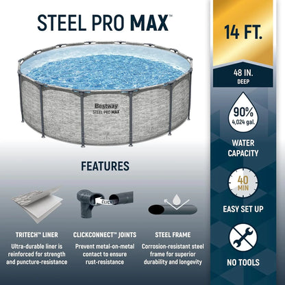 Steel Pro MAX 14 Ft. x 48 In. Round Metal Frame Above Ground Outdoor Swimming Pool Set With 1,000 Filter Pump, Ladder, And Cover, Gray
