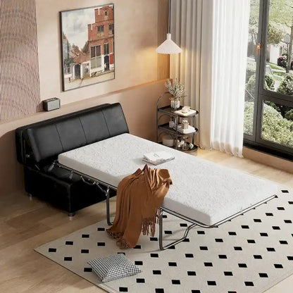 Twin Size Folding Pull Out Ottoman Sleeper Bed With Mattress Convertible Guest Bed, PU Upholstered Sleeper Sofa