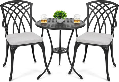 Nuu Garden Bistro Set 3 Piece Outdoor Cast Aluminum Patio Bistro Set Patio Table And Chairs Set Of 2 With Umbrella Hole And Gray Cushions, Black
