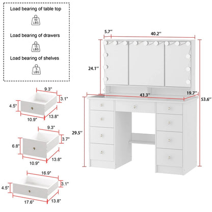 Makeup Vanity w/Tri-Fold Mirror Certified Lighting Glass Top Dresser
