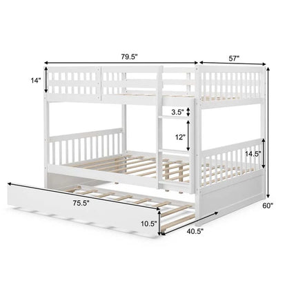 Solid Wood Full Over Full Bunk Bed Frame With Trundle, Safety Ladder And Guardrails, Convertible Bunk Bed For Kids Teens