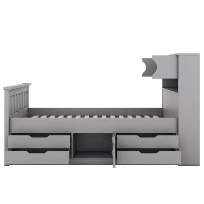 Twin/Full Size Captain Platform Bed With 4 Drawers And Storage Shelves, Solid Wood Bed Frame With Storage Bookcase Headboard