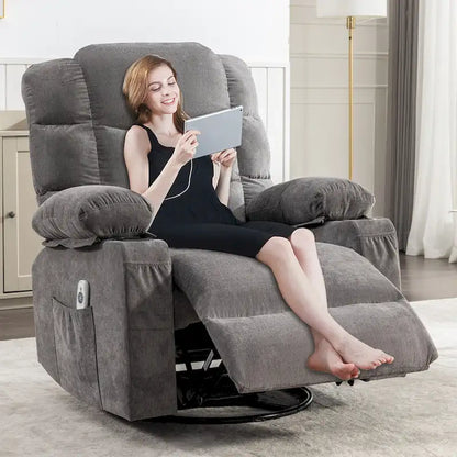 Grey Oversized Recliner With Heat And Massage, 150 Recline, 30 Rocking, USB Charging, And 2 Cup Holders