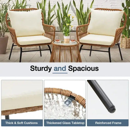 3-Piece Patio Conversation Bistro Set, Outdoor Rattan Furniture Set With Glass Table And 2 Wide Armchairs, Seat Cushions