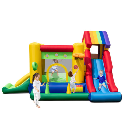Costway Colorful Rainbow Kids Inflatable Bounce Castle With 50 Ocean Balls And 735W Blower