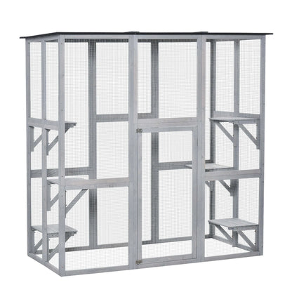 PawHut Wooden Catio Enclosure With Weather Protection, 6 Platforms, Outdoor, Large, 71 In. x 38.5 In. x 71 In